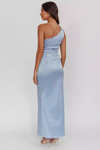 Stunning satin extra long asymmetrical neckline with pleated details, side leg slits, invisible side zippers, Bridesmaid Dresses
