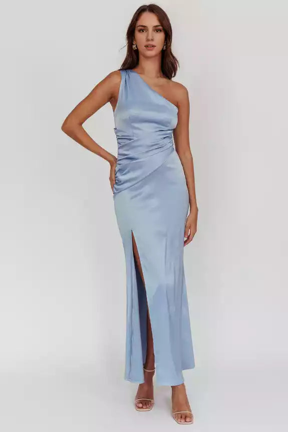 Stunning satin extra long asymmetrical neckline with pleated details, side leg slits, invisible side zippers, Bridesmaid Dresses