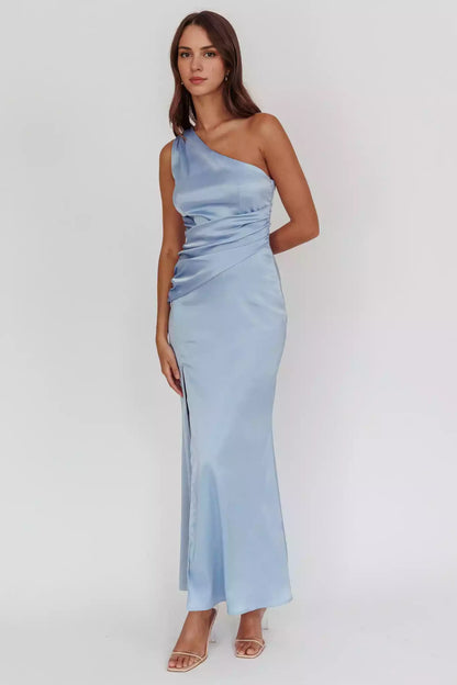 Stunning satin extra long asymmetrical neckline with pleated details, side leg slits, invisible side zippers, Bridesmaid Dresses