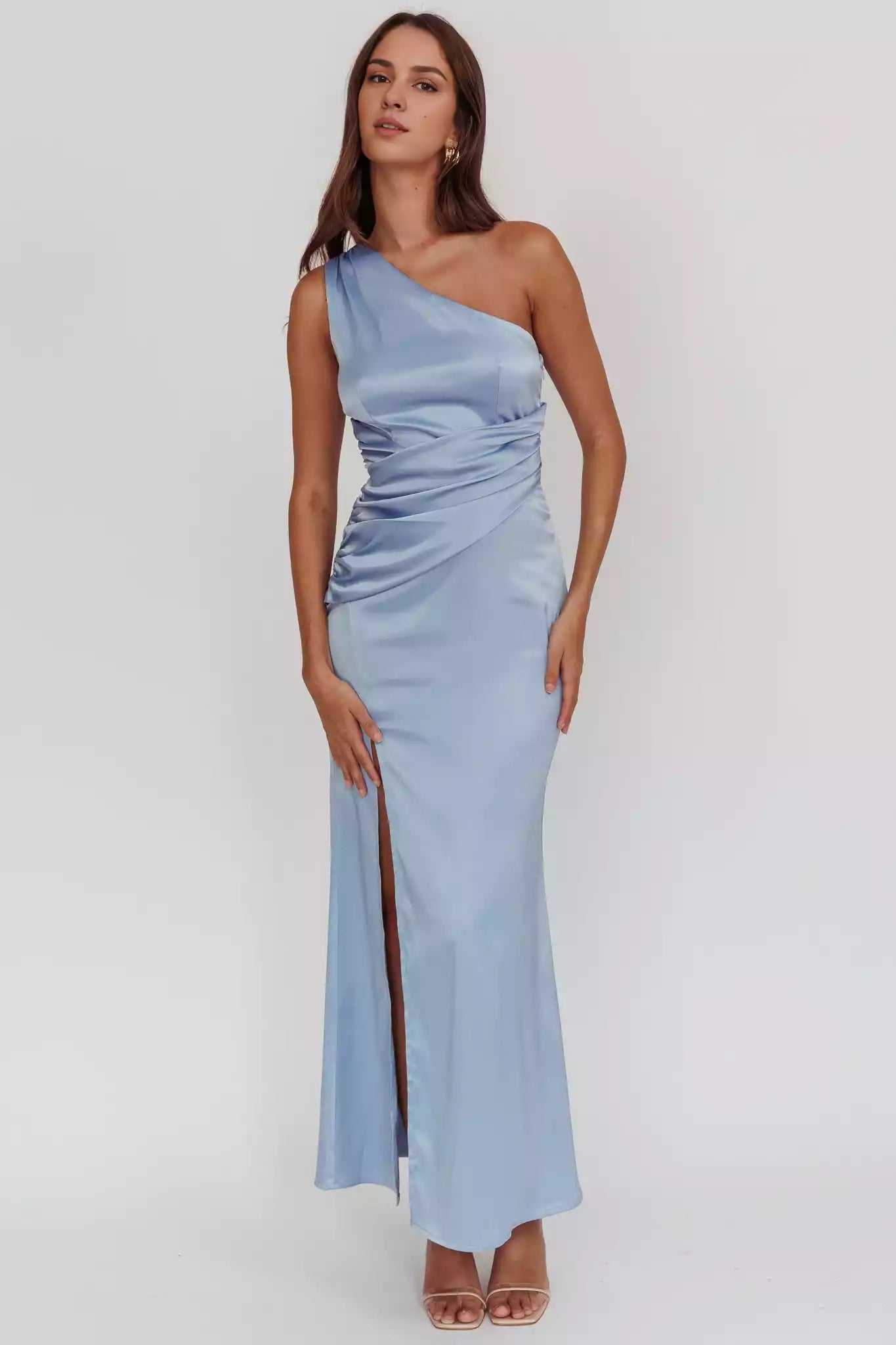 Stunning satin extra long asymmetrical neckline with pleated details, side leg slits, invisible side zippers, Bridesmaid Dresses