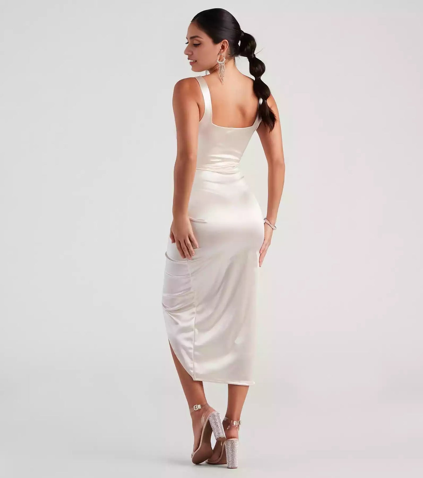 Stunning satin knit sleeveless square neck waist, pleated side seams, and a snug silhouette Prom Dresses