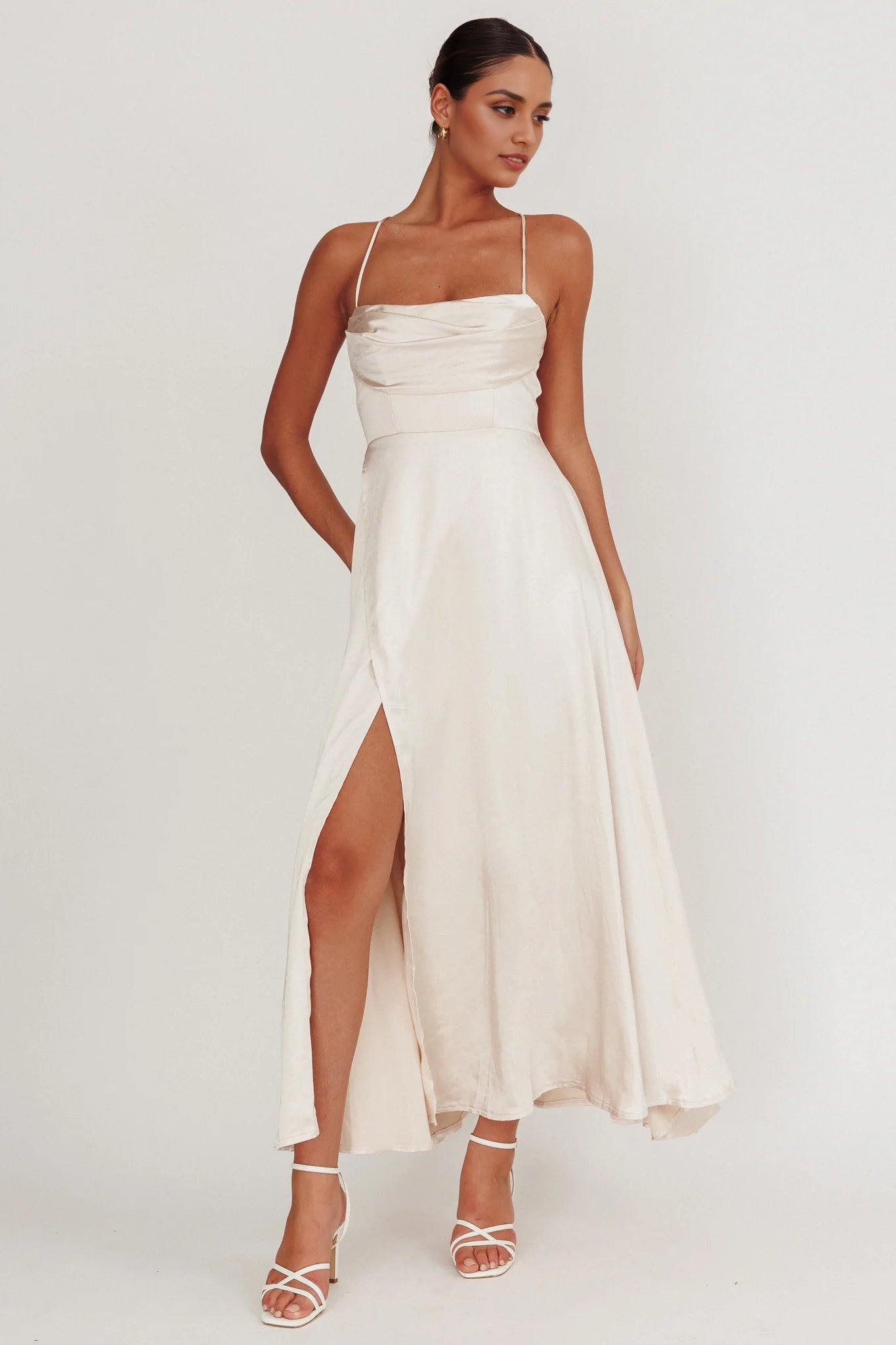 Stunning satin long adjustable cross thin shoulder straps, leg slits, invisible back zipper bridesmaid dress