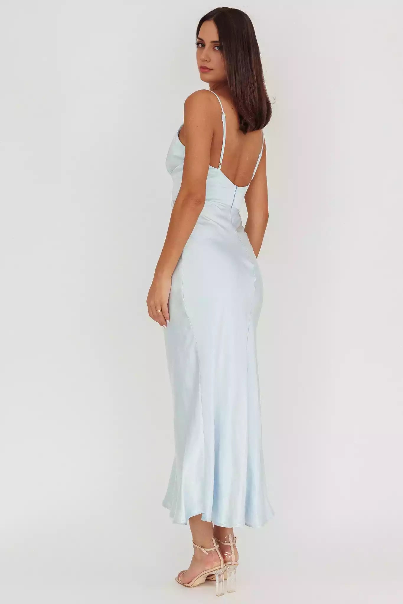 Stunning satin long adjustable thin shoulder strap with hidden back zipper Prom Dresses