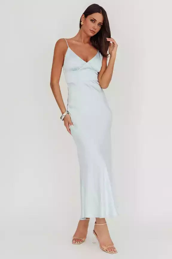 Stunning satin long adjustable thin shoulder strap with hidden back zipper Prom Dresses
