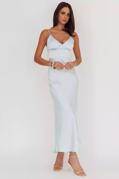 Stunning satin long adjustable thin shoulder strap with hidden back zipper Prom Dresses