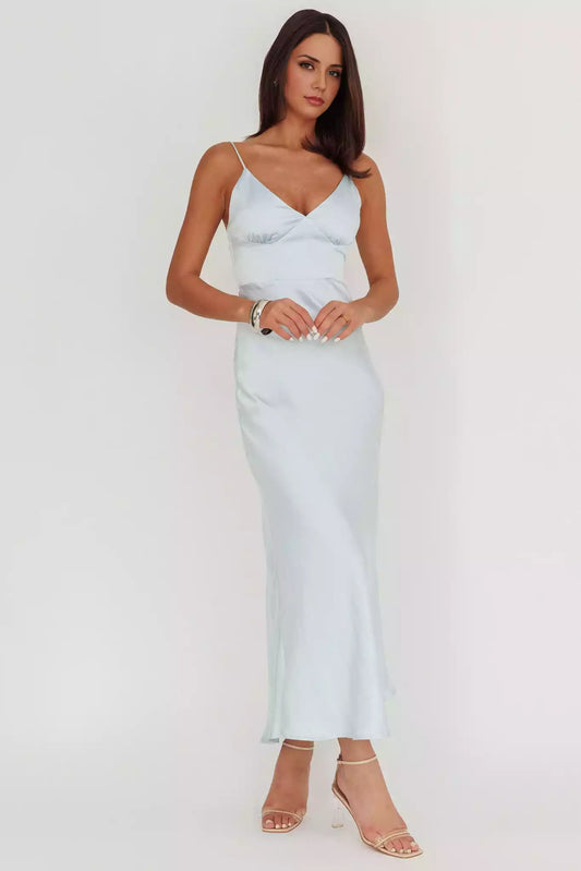 Stunning satin long adjustable thin shoulder strap with hidden back zipper Prom Dresses