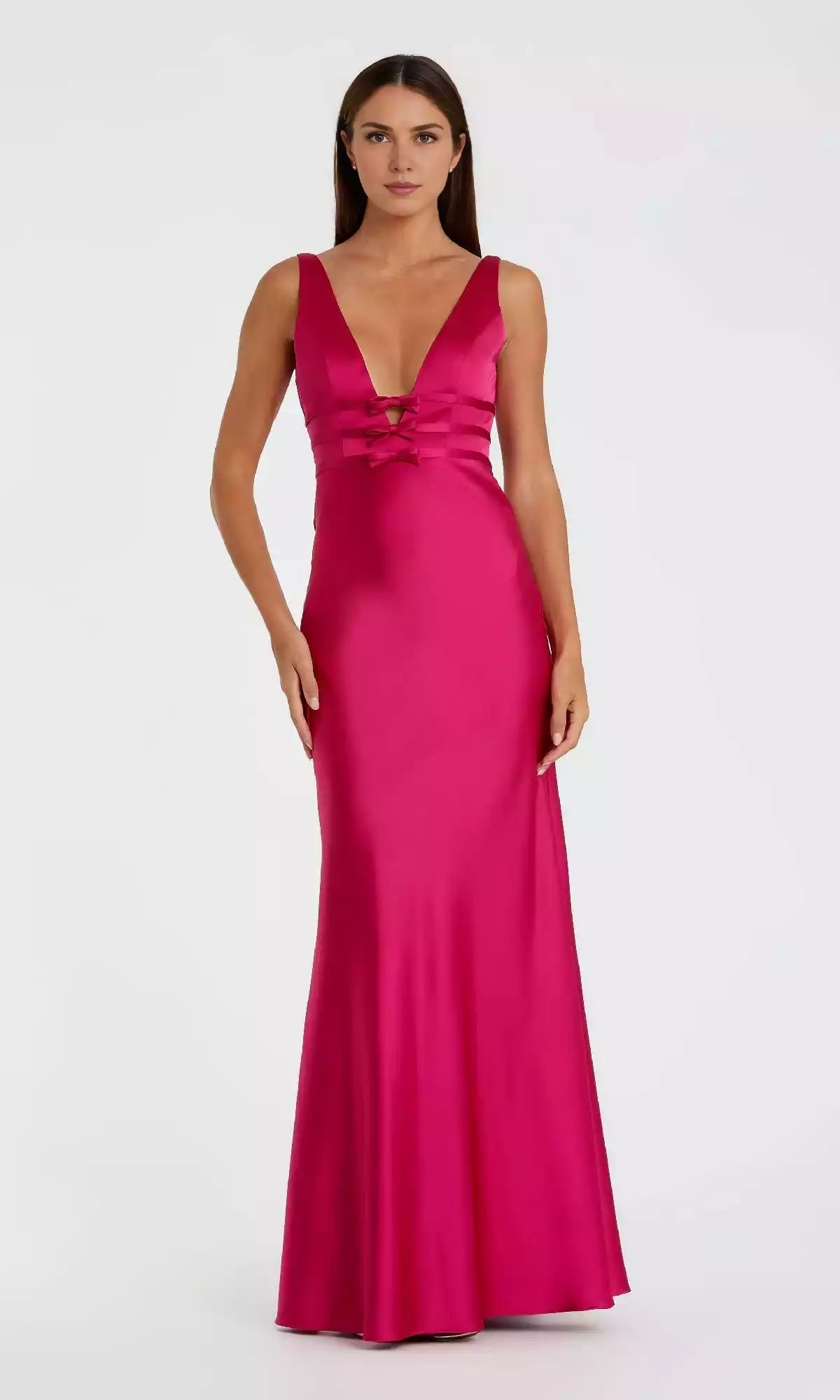 Stunning satin long backless V-neck with slim shoulder straps hanging down at the back, showcasing exquisite and noble Prom Dresses