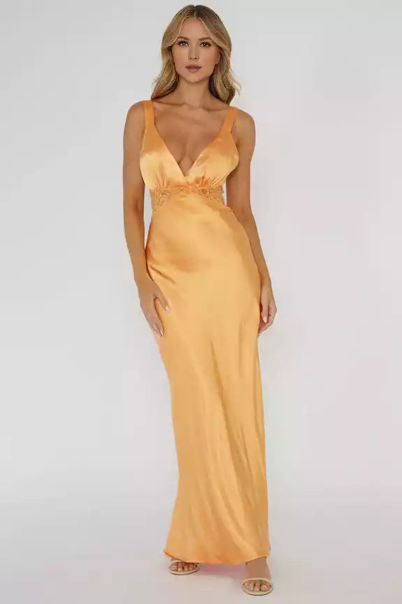 Stunning satin long lace trim with adjustable shoulder straps Bridesmaid Dresses