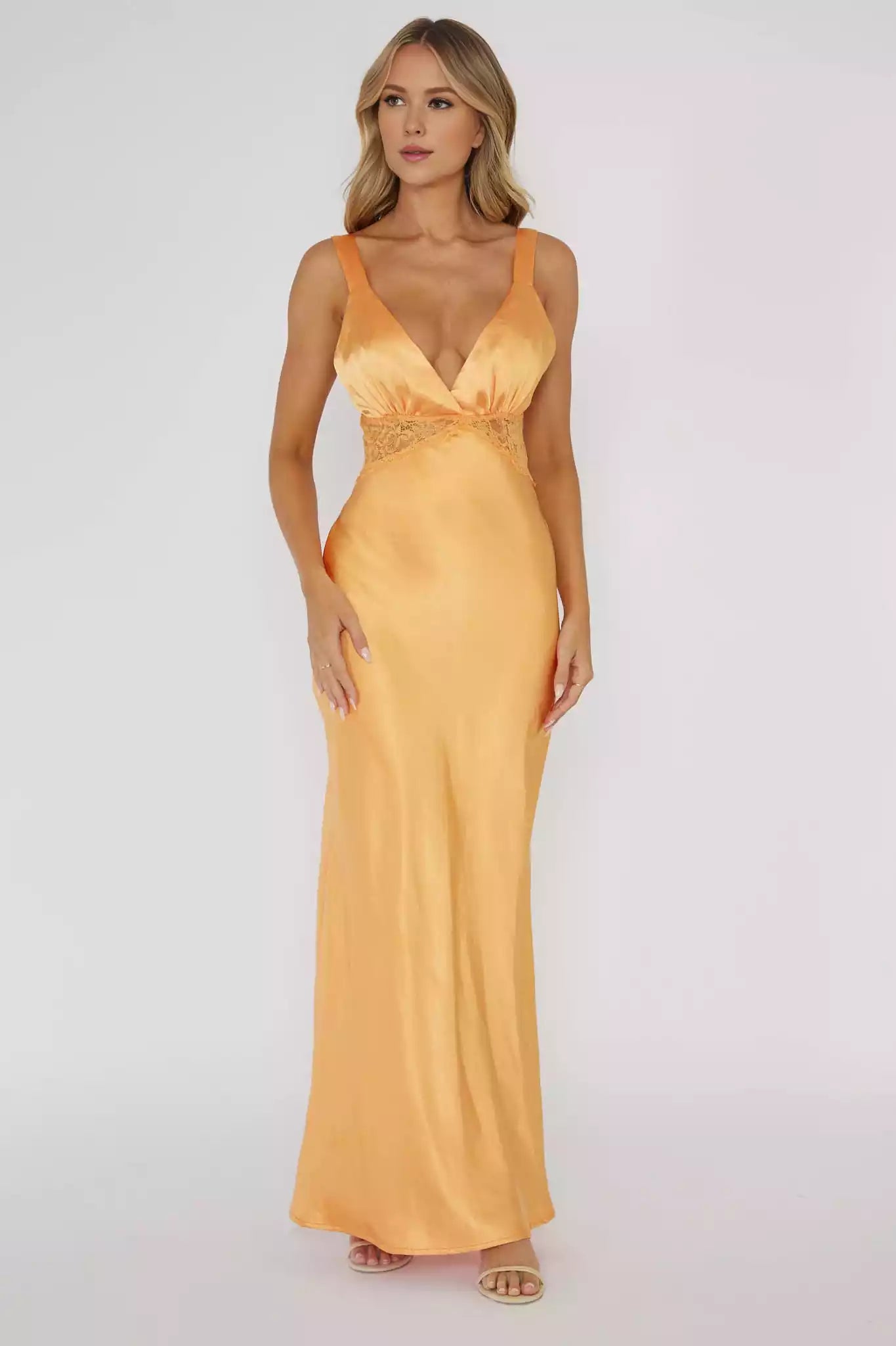 Stunning satin long lace trim with adjustable shoulder straps Bridesmaid Dresses