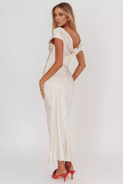 Stunning satin mid length boat collar without lining, hidden side zipper Prom Dresses