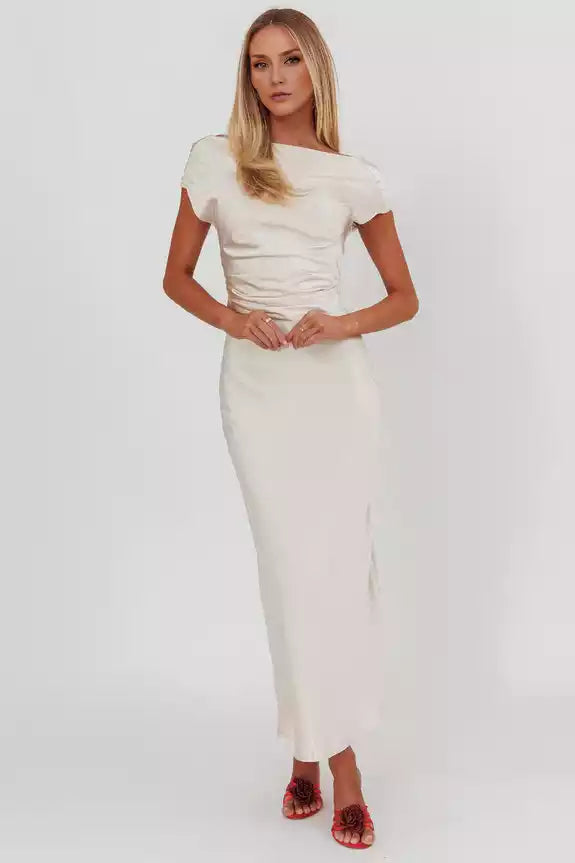 Stunning satin mid length boat collar without lining, hidden side zipper Prom Dresses