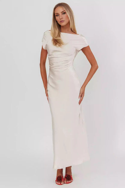 Stunning satin mid length boat collar without lining, hidden side zipper Prom Dresses