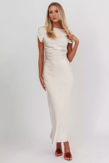Stunning satin mid length boat collar without lining, hidden side zipper Prom Dresses