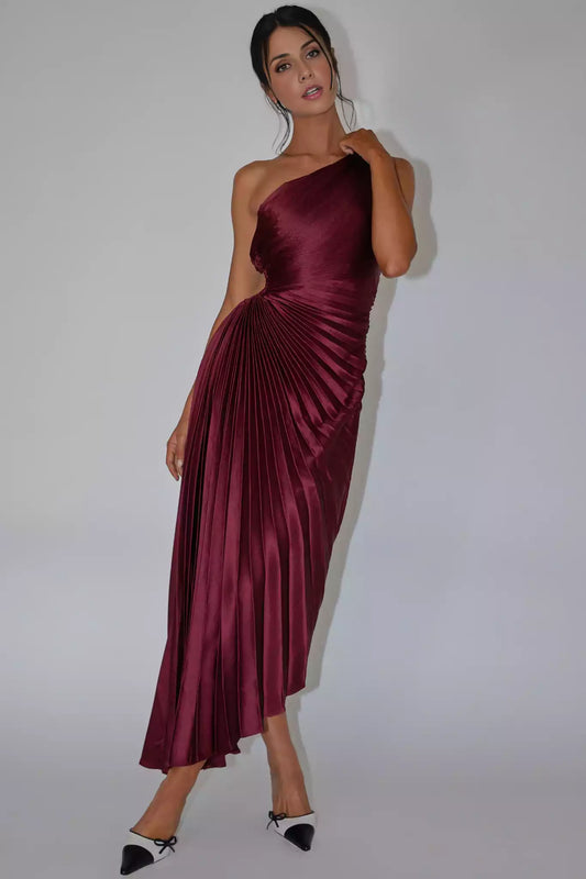 Stunning satin mid length shoulder accordion pleat waist cut with lining and side hidden zipper Prom Dresses