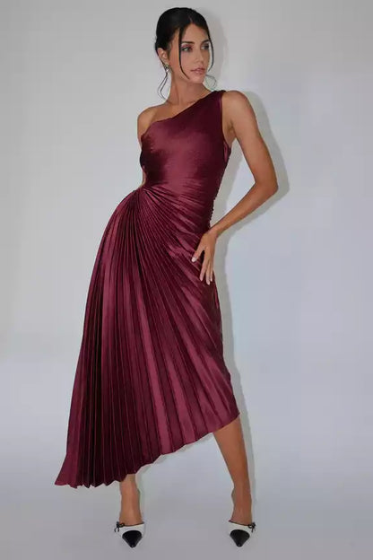 Stunning satin mid length shoulder accordion pleat waist cut with lining and side hidden zipper Prom Dresses
