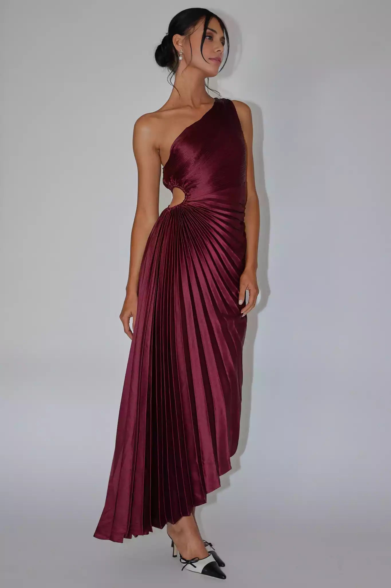 Stunning satin mid length shoulder accordion pleat waist cut with lining and side hidden zipper Prom Dresses