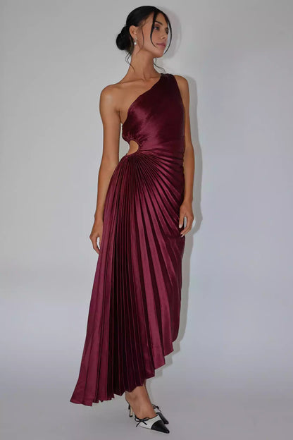Stunning satin mid length shoulder accordion pleat waist cut with lining and side hidden zipper Prom Dresses