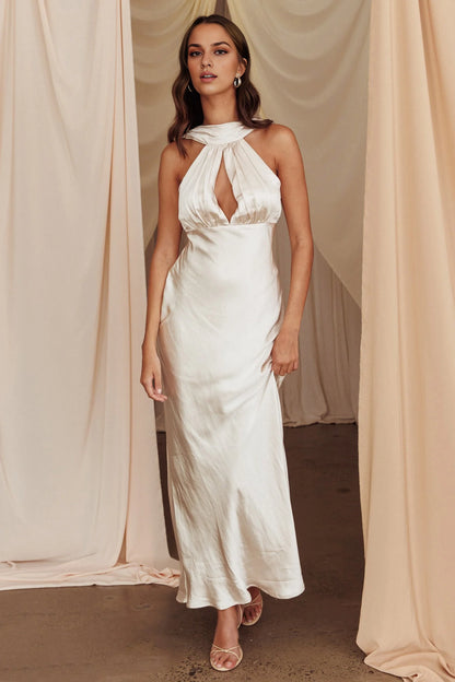 Stunning satin super long chest hollow scarf without lining, side zipper bridesmaid dress