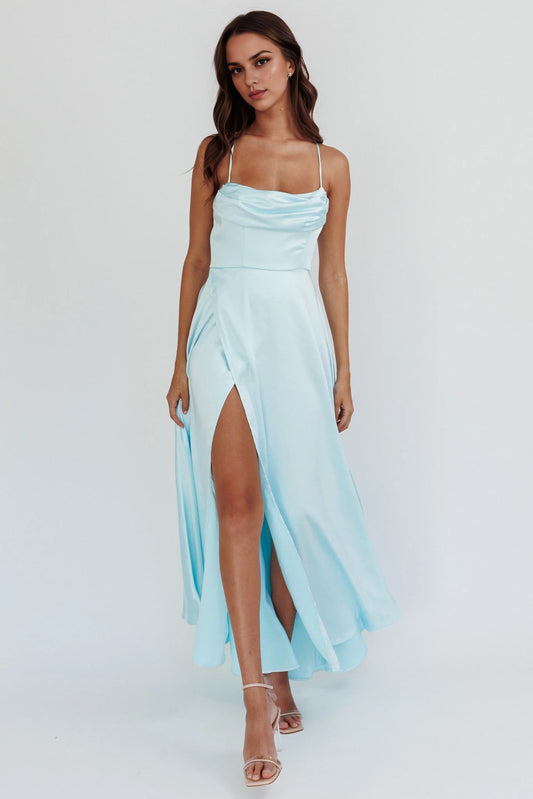Stunning satin super long high slit with lightweight gathering slit inside bridesmaid dress