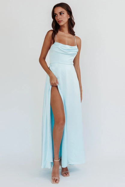 Stunning satin super long high slit with lightweight gathering slit inside bridesmaid dress