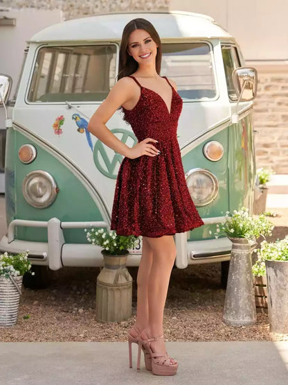 Stunning sequin A-line silhouette with deep V-neck decal details, sleeveless zipper at the back, Homecoming Dresses