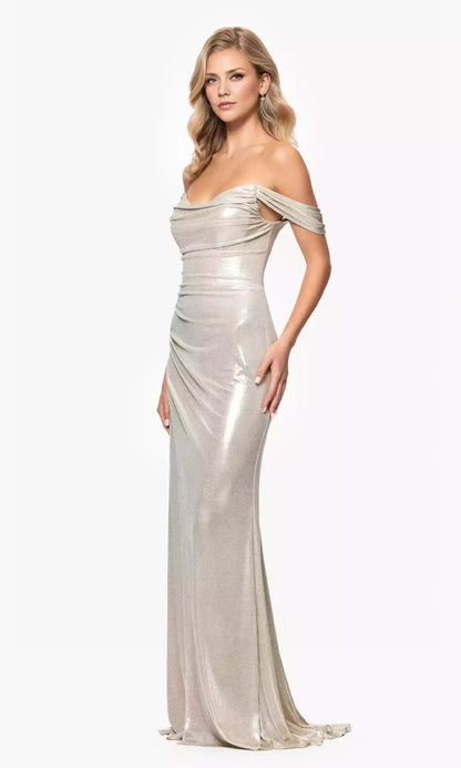 Stunning sequins off shoulder long drawstring sleeves with slim fit, perfect for showcasing elegant temperament Prom Dresses