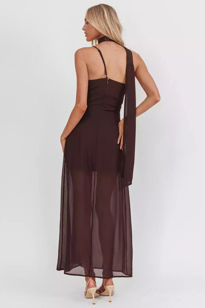 Stunning single shoulder camisole lined neck scarf detail chiffon back with zipper Prom Dresses