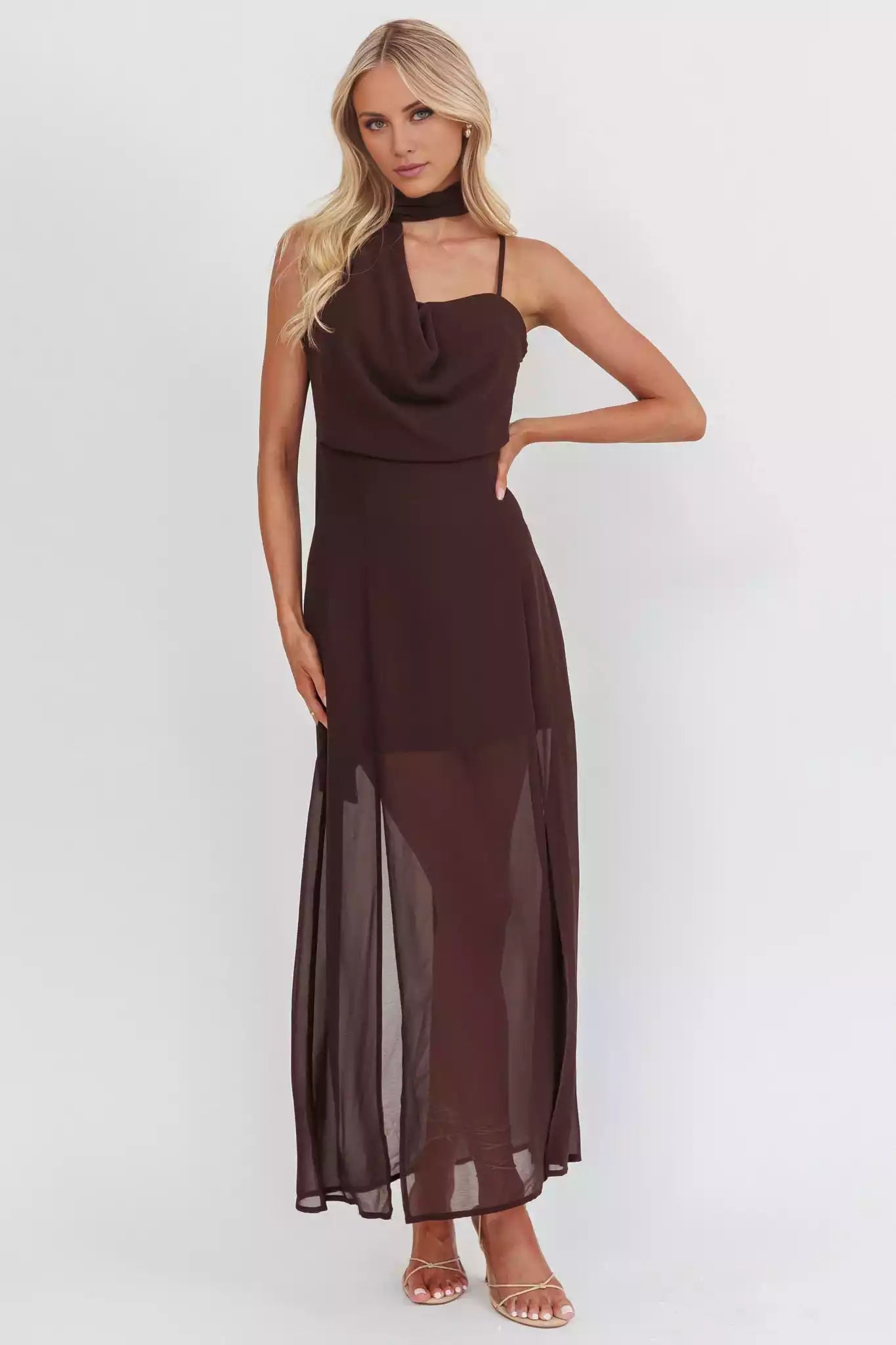 Stunning single shoulder camisole lined neck scarf detail chiffon back with zipper Prom Dresses