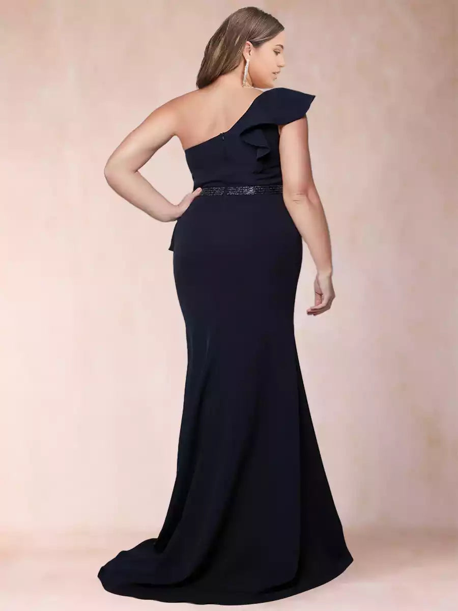 Stunning single shoulder pleated plus size slim fit/straight tube ruffle edge and side slit Mother of the Bride Dresses