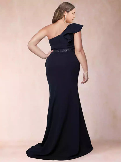 Stunning single shoulder pleated plus size slim fit/straight tube ruffle edge and side slit Mother of the Bride Dresses