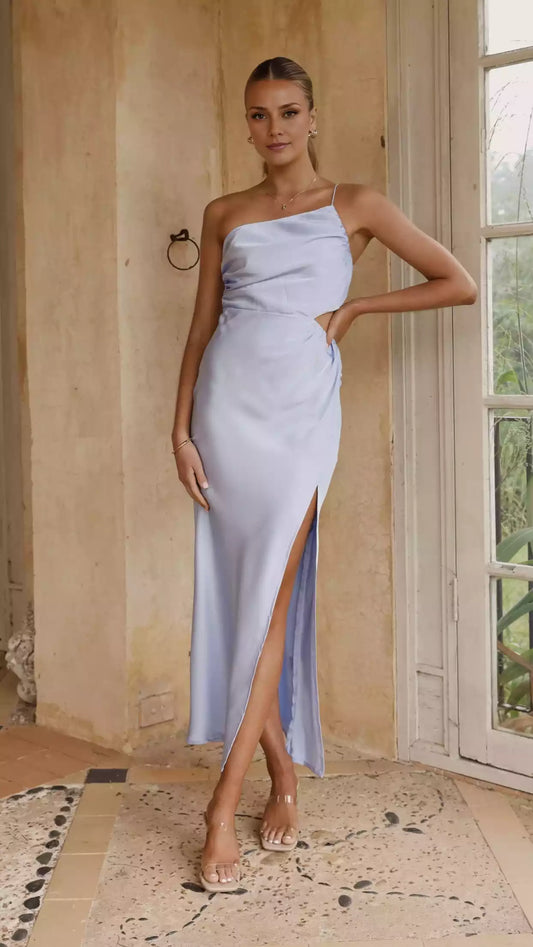 Stunning single shoulder side hollow slit cut creates a fashionable look Prom Dresses