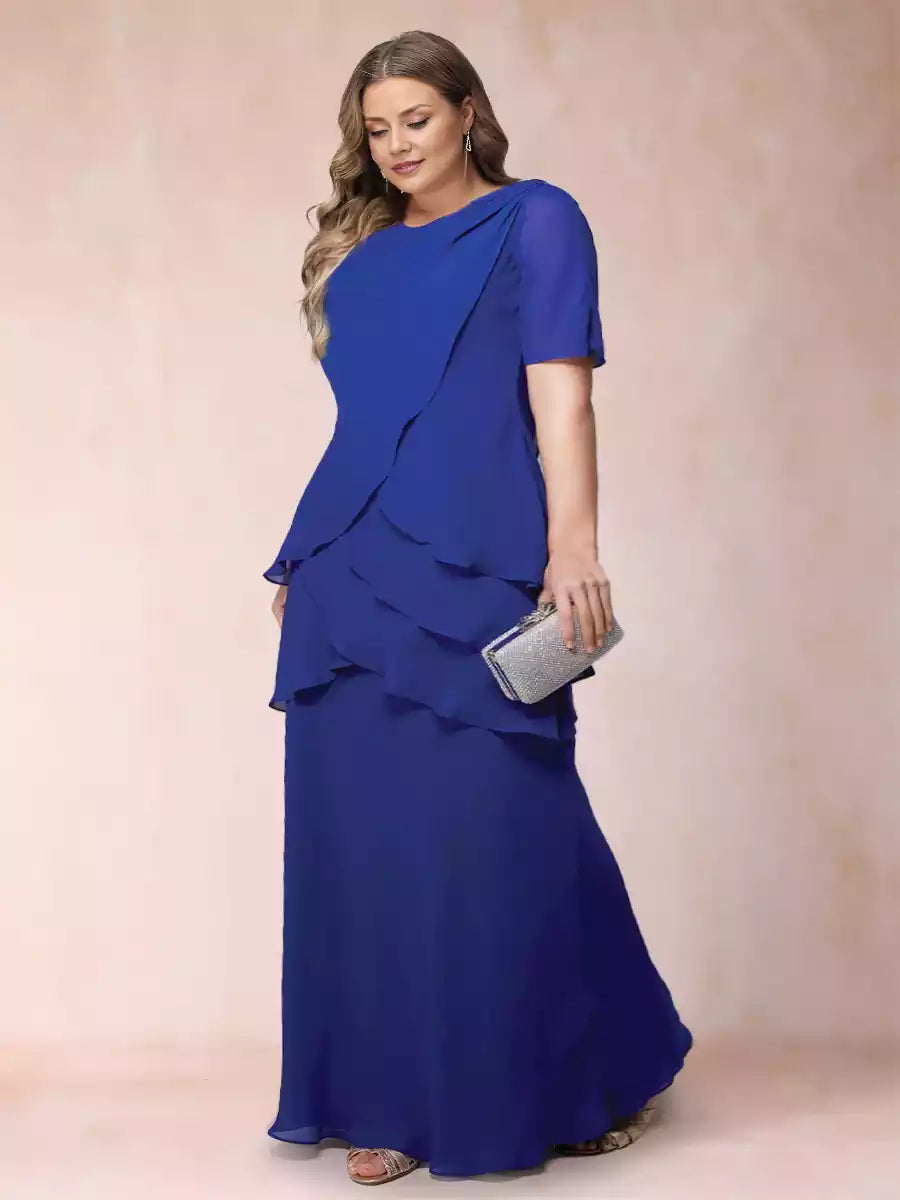 Stunning slim fit/straight round neck short sleeved chiffon oversized ruffled Mother of the Bride Dresses