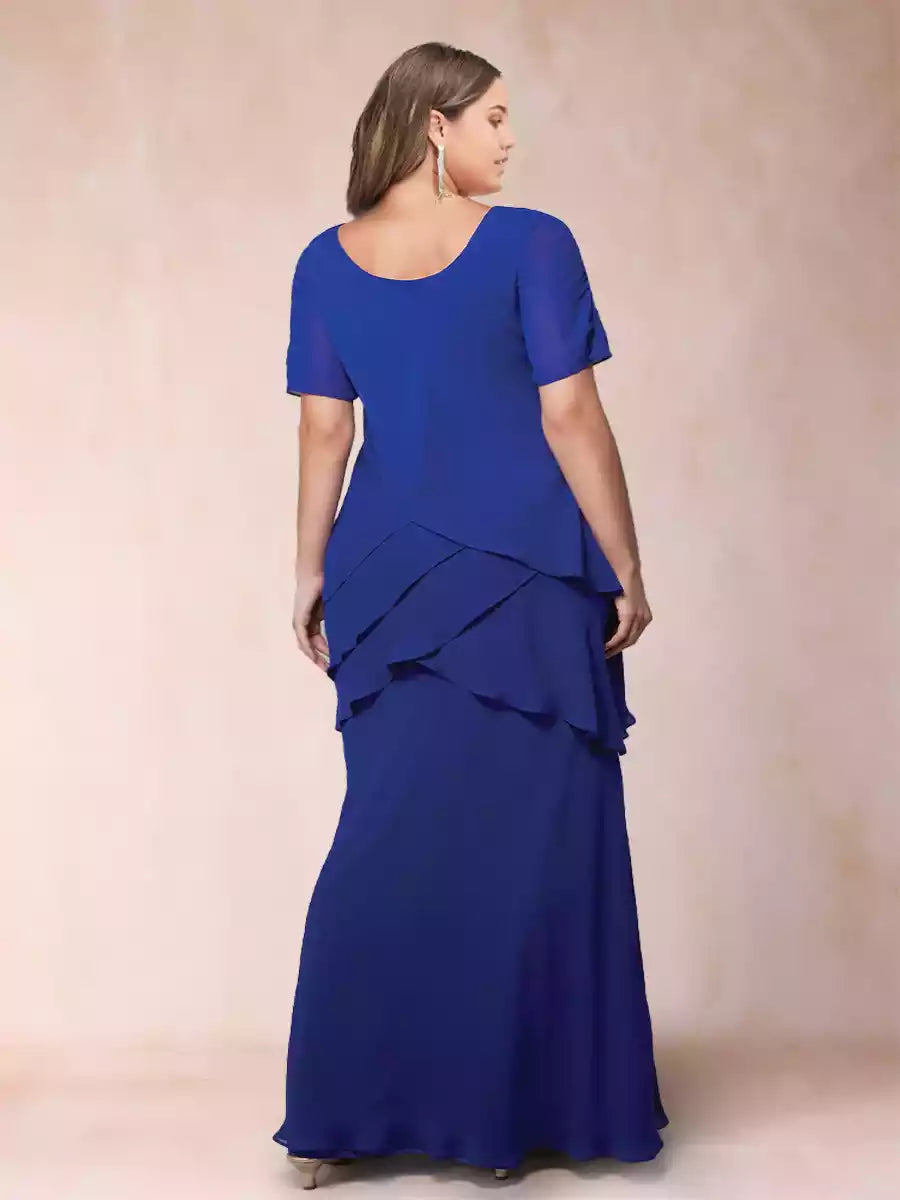 Stunning slim fit/straight round neck short sleeved chiffon oversized ruffled Mother of the Bride Dresses