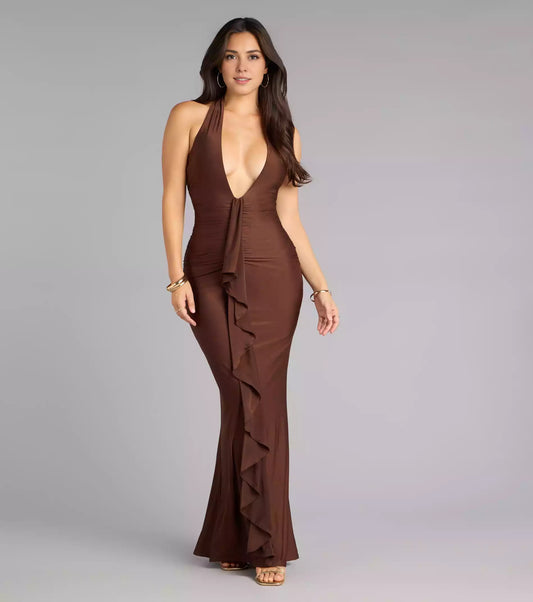 Stunning soft and stretchy knit deep V backless neckline with ruffled edges and side seams with pleated close fitting cut Prom Dresses