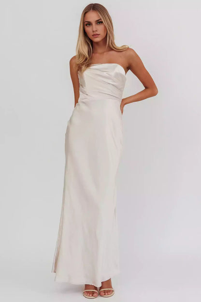 Stunning strapless ultra long off shoulder satin without lining, invisible back zipper Bridesmaid Dresses