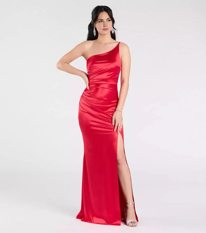 Stunning stretch satin lining, single shoulder collar, back zipper, high front slit, snug fit and Prom Dresses