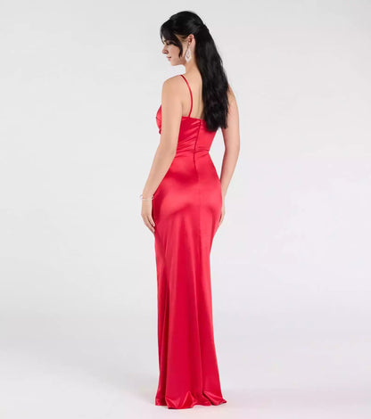 Stunning stretch satin lining, single shoulder collar, back zipper, high front slit, snug fit and Prom Dresses