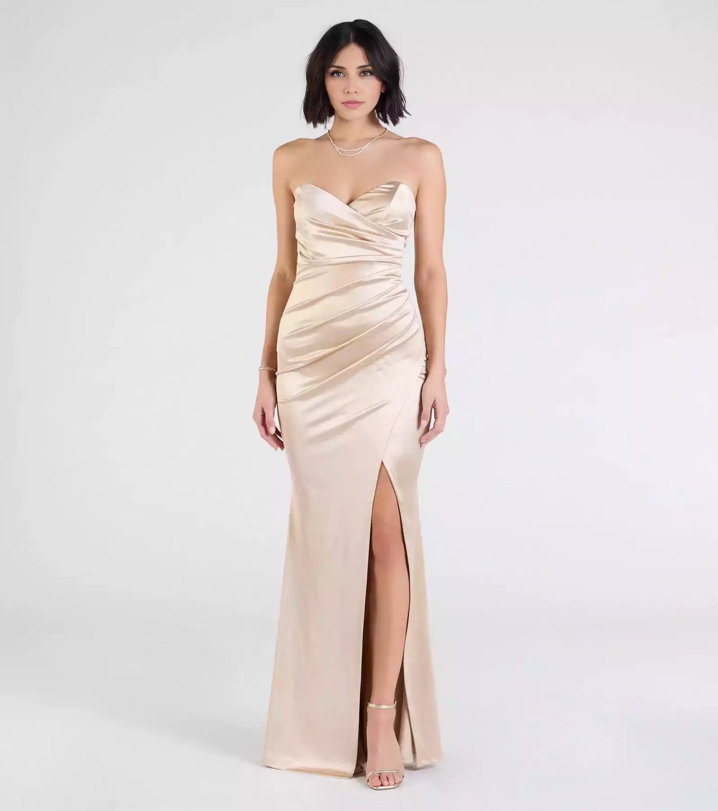 Stunning stretch satin strapless heart-shaped neckline, back zipper, high front slit, mermaid and floor Prom Dresses