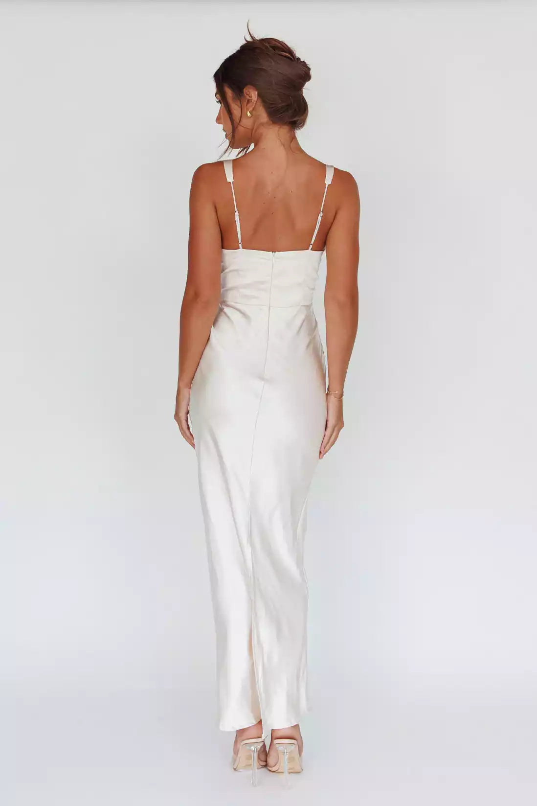 Stunning ultra long adjustable shoulder straps with horseneck buckle and chain decoration on the chest, and zippered Bridesmaid Dresses on the back