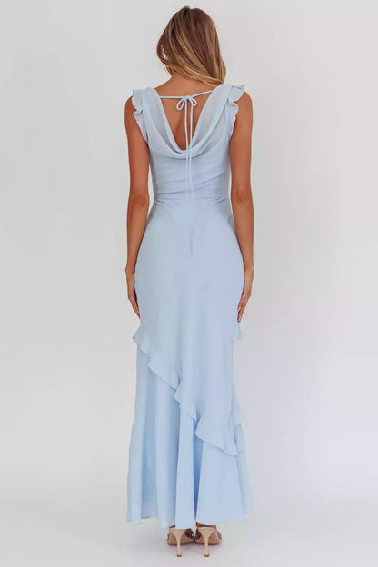 Stunning ultra long lined scarf collar with ruffled edges and a hanging neckline with side zippers Prom Dresses