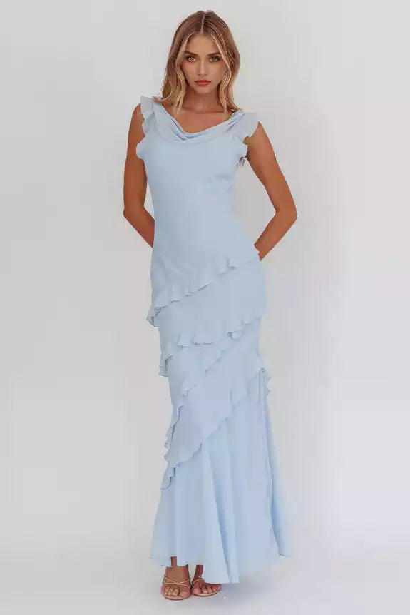 Stunning ultra long lined scarf collar with ruffled edges and a hanging neckline with side zippers Prom Dresses