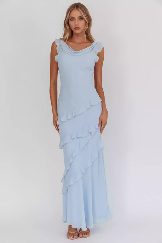 Stunning ultra long lined scarf collar with ruffled edges and a hanging neckline with side zippers Prom Dresses