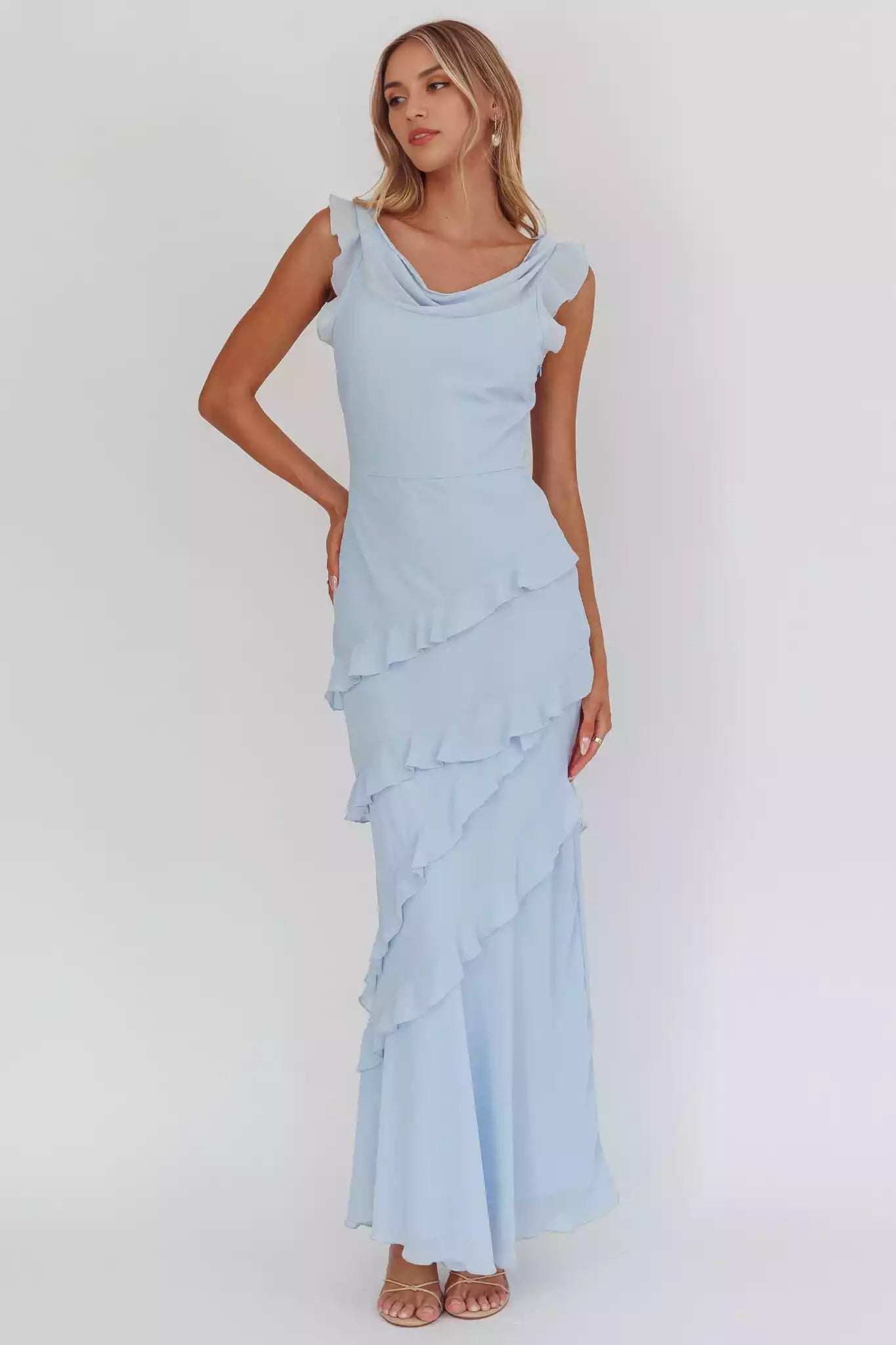 Stunning ultra long lined scarf collar with ruffled edges and a hanging neckline with side zippers Prom Dresses