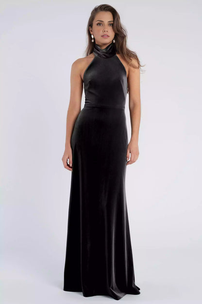 Stunning velvet backless hanging stand collar tight diagonal cut skirt Evening Dresses