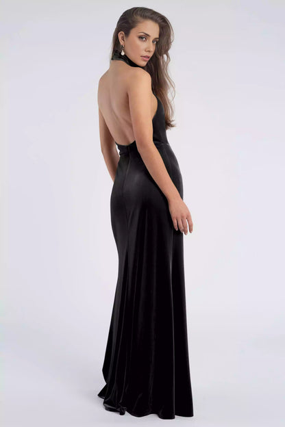 Stunning velvet backless hanging stand collar tight diagonal cut skirt Evening Dresses