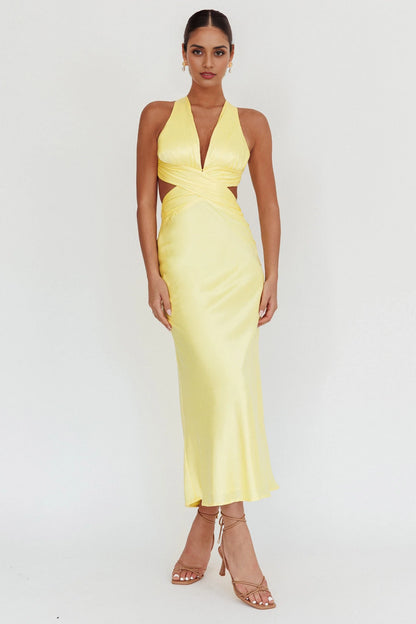 Stunning waist slit, cross straps, exposed back, invisible back zipper bridesmaid dress