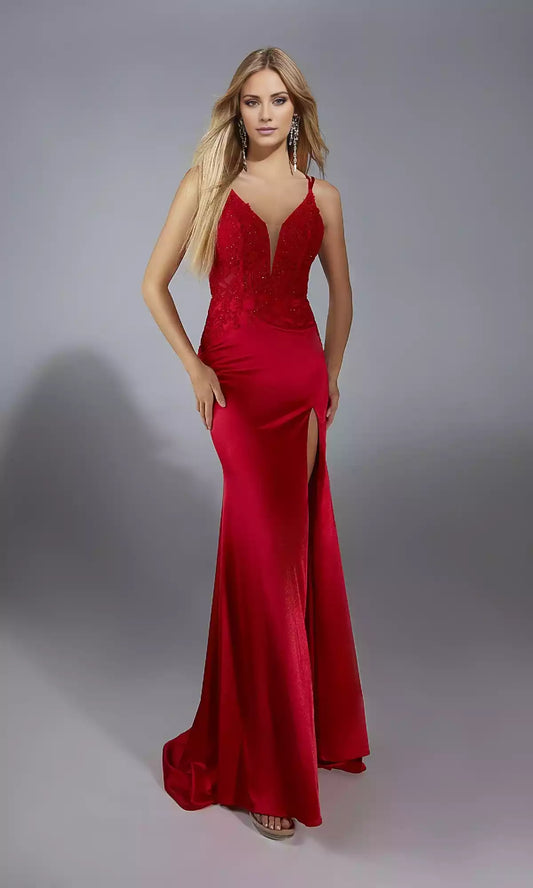 Stylish slim shoulder strap long stretch satin lace tight corset with backless slit Prom Dresses