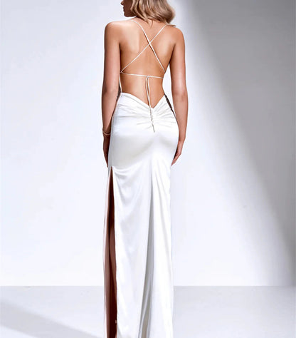Sultry Cowl Neck Criss-Cross Back Satin Mermaid Evening Dress with High Side Slit