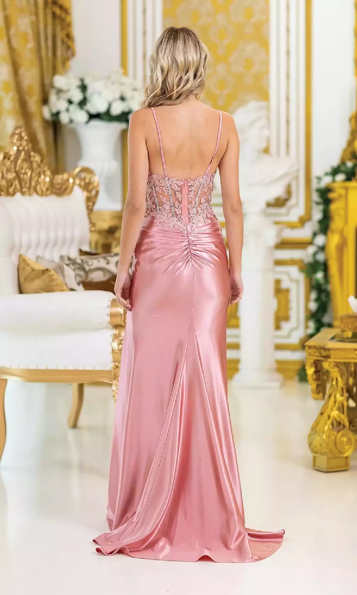 Surprising chiffon beaded corset wrapped around the back with pleats and high slits on the sides, affordable yet dazzling Prom Dresses
