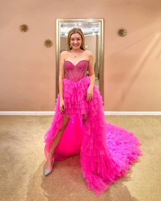 Sweet high-end color high and low beaded ball party dress